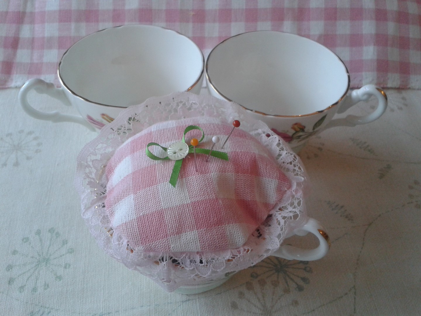 vintage tea cup pin cushion